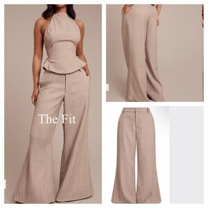 PrettyLittleThing Taupe Pinstripe Wide-Leg Trousers – Size 6